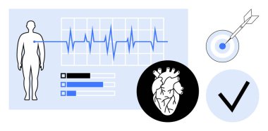 EKG grafiği, kalp anatomisi olan insan figürü, ilerleme çubukları, dartlı hedef ve işaret. Basit bir dairede sağlık, sağlık, teşhis, hassas hedefler sağlık analizi için idealdir.