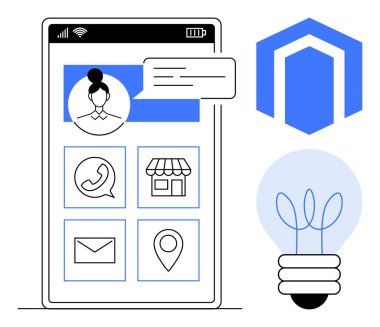 Kullanıcı avatarıyla akıllı telefon ekranı, sohbet, mesajlaşma, e-posta, konum, alışveriş geometrik soyut ve ampul grafikleri için simgeler. Uygulamalar, teknoloji, iletişim işi tasarımı için ideal