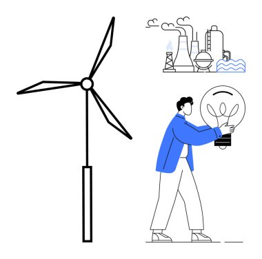 Geniş rüzgar türbini, emisyonlu endüstriyel fabrika ve ekolojik ampul taşıyan bireysel enerji sürdürülebilir. Çevre, enerji geçişi, sanayi, kirlilik ve yenilik için ideal