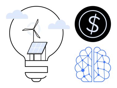 Güneş paneli, rüzgar türbini, sinirsel beyin ağı ve dolar işareti olan bir ampul. Yenilenebilir enerji, sürdürülebilir yatırım, yenilik, teknoloji, yapay zeka, yeşil ekonomi için ideal