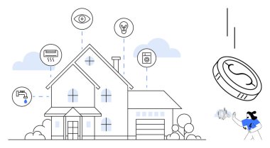 Işık, ısıtma, aletler, su ve güvenlik için akıllı teknoloji ikonları olan modern bir ev. Teknoloji için ideal, IoT, enerji tasarrufu, ev yenileme otomasyon yönetim araçları akıllı yaşam için