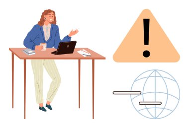 Dizüstü bilgisayarı ve kahve jestleri olan profesyonel bir kadın bir sorunu ele alıyor. Uyarı sembolü ve ağ simgesi iletişim, analiz ve problem çözmeyi öneriyor. Teknoloji ve iş için ideal.