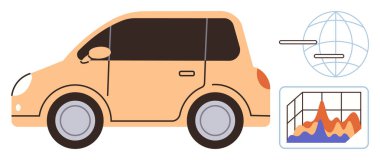 Küresel grafik ve analitik çizelgesinin yanında kompakt araba bağlantı, verimlilik ve teknoloji tasvir ediyor. Hareketlilik için ideal, akıllı ulaşım, veri, yenilik, bağlantı, ekolojik bilinç basit düz