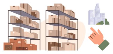 Çeşitli kutularla dolu metal raflar, uzak bir şehir manzarası arka planı ve işaret eden bir el. Lojistik, depolama, envanter, kentsel planlama, iş operasyonları, depo yönetimi için ideal