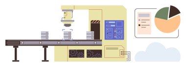 Dijital analiz çizelgesinin yakınındaki bir taşıma bandına nesneleri yerleştiren robot makine. Üretim, otomasyon, teknoloji, süreç verimliliği, endüstriyel yenilik, veri yönetimi, basit