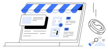 Laptop ekranında ürün kartları, alışveriş arabası simgeleri, indirim etiketleri ve bozuk para içeren bir çevrimiçi mağaza düzeni var. E-ticaret, iş, satış, pazarlama, girişimcilik finansmanı için ideal