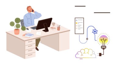 Ofisteki işadamı telefonda konuşurken, çizelgeler ve ampul fikri ile çevrili. Takım çalışması, üretkenlik, yenilik, işbirliği, yaratıcılık ve planlama için ideal