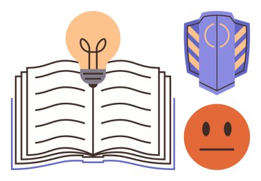 Parlayan bir ampulle açık bir kitap, güvenliği ifade eden bir kalkan ve duyguları ve tarafsızlığı temsil eden tarafsız bir yüz. Eğitim, fikirler, yenilik, koruma, denge ve eğitim için idealdir.