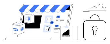 Mağaza vitrinli dizüstü bilgisayar, alışveriş kutuları, teslimat çantası, kilit simgesi ve bulut görüntüsü. E-ticaret, güvenli ödeme, çevrimiçi alışveriş perakende dağıtımı ve veri güvenliği için ideal. Basit.