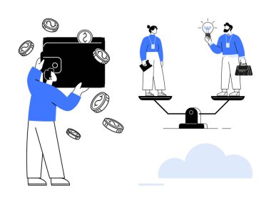 Cüzdanı uçan bozuk paralarla tutan bir adam, iki meslektaşı ampul ve evrak çantasıyla dengede duran bir adam. Takım çalışması, finans, eşitlik, yenilik, karar verme, yatırım, başarı için ideal