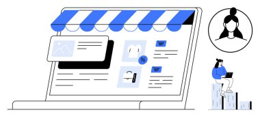 Ürün kartları, indirim etiketleri, kullanıcı profili ve mağaza cephesiyle ekommerce arayüzünü gösteren büyük bir dizüstü bilgisayar ekranı. Laptop kullanan bir kadın. İnternet üzerinden alışveriş, pazarlama, teknoloji için ideal