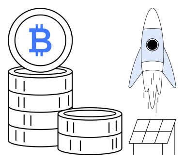 Yükselen bir roket ve güneş panelinin yanında paralar yükselen gelişim, yenilik ve sürdürülebilir enerjiyi çağrıştırır. Kripto para birimi, engelleme zinciri, yatırım, finans, teknoloji, büyüme temiz enerji için ideal