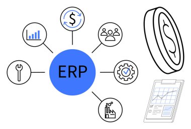 Mavi çemberdeki ERP, finans, takım yönetimi, araçlar, analitik, imalat ve ayarların simgelerini birbirine bağlar. İş, organizasyon, finansman teknolojisi veri stratejileri verimliliği için ideal