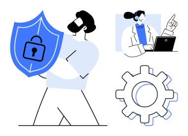 Bilgisayarda kulaklık takan ve asma kilitle korunan kişi işlem yönetimini temsil ediyor. Siber güvenlik, gizlilik, destek servisi, takım çalışması, teknoloji, bilişim iş akışı için ideal