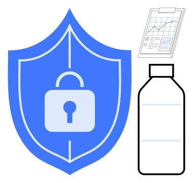 Güvenliği simgeleyen mavi kalkanla, analizi gösteren veri tablosu ve korunmak için bir şişe ile birlikte. Güvenlik, koruma, veri analizi, araştırma, depolama, izleme için ideal