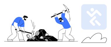 İki işçi kazma ve çekiçle büyük kayaları ezerek takım çalışması, işçilik ve kararlılığı vurguluyor. Çalışma ahlakı, azim, güç, fiziksel iş gücü, takım çalışması verimliliği için ideal