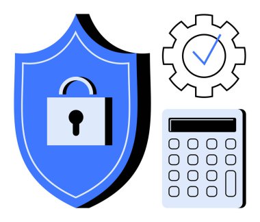 Kilitli mavi kalkan, hesap makinesi, güvenlik, mahremiyet ve risk değerlendirmesini sembolize eden vites listesi. Siber güvenlik, finans, güvenli erişim, düzenleyici uyum koruma stratejisi için ideal