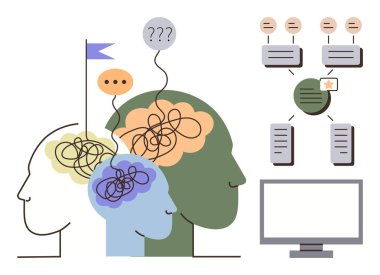 Karışık hatları olan üç birbirine bağlı kafa, konuşma baloncukları, ve fikirleri ve problem çözmeyi temsil eden bir bayrak, iş akışı çizelgeleri ve bir bilgisayarla eşleştirilmiş. Takım çalışması, strateji ve öğrenme için ideal