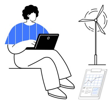 Dizüstü bilgisayar, rüzgar türbini ve enerji analiz panosuyla oturan kişi. Sürdürülebilirlik, temiz enerji, uzak çalışma, teknoloji, yenilik, veri analizi çevre dostu yaşam için idealdir. Basit düz