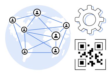 Bir dünya haritası, dişli mekanizması ve QR kodu üzerinden bağlantılı profiller ağ, teknoloji ve veri entegrasyonunu vurguluyor. İşbirliği, yenilik, küreselleşme, takım çalışması iletişimi için ideal