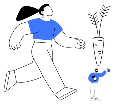 Hareket halindeki kadın hırsı simgeler, hedef veya ödül olarak havuç, daha küçük gözlemci perspektif ve odaklanmayı vurgular. Motivasyon, sağlık, hedefler, azim, başarı, kişisel gelişim için ideal