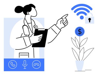 Doktor elinde güvenli internet ikonu ve para santralini gösteren bir dosya tutuyor. Teletıp, dijital sağlık, güvenli ödeme, yatırım, teknoloji, çevrimiçi iletişim, büyüme için ideal. Basit düz