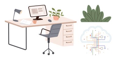Bir bilgisayar, lamba, sandalye, bitki ve bulut ağı sembolü ile organize masa kurulumu. Uzak çalışma, üretkenlik, teknoloji, yenilik organizasyonu ofis kültürü ve dijital bağlantı için ideal