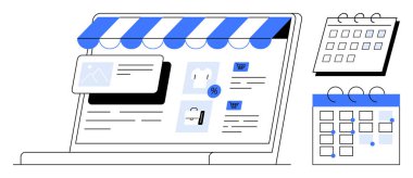 Alışveriş simgeleri, satış etiketleri ve takvim vitrinleriyle birlikte dizüstü bilgisayar ekranında dijital mağaza önü. E-ticaret, pazarlama, perakende planlama, organizasyon ve etkinlik planlama için ideal