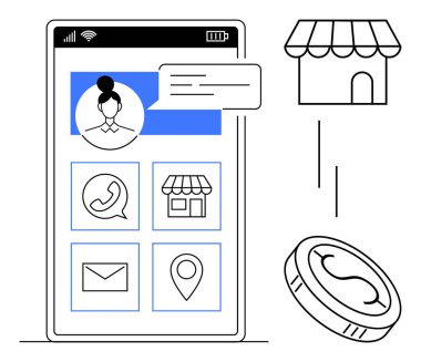 Kullanıcı profilli akıllı telefon ekranı, sohbet penceresi, çağrı, posta, navigasyon ve uygulama simgelerini kaydet. Dijital iş, iletişim, e-ticaret navigasyon müşteri hizmetleri fintech modern için idealdir