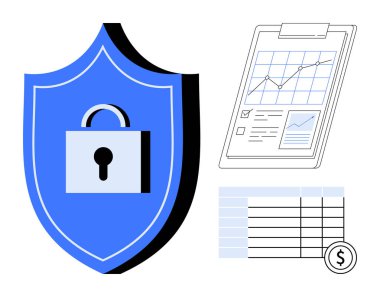 Asma kilitli mavi güvenlik kalkanı, veri tablosu içeren kontrol listesi panosu ve finansal detaylarla dolu hesap tablosu. Siber güvenlik, finans, analitik, veri koruması, istatistik için ideal