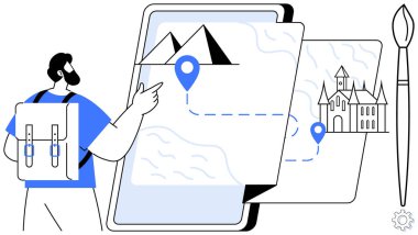Tablet ekranındaki dijital haritada sırt çantalı noktalar konum işaretleri olan bir dağ ve kale gösteriyor. Seyahat, turizm, macera, keşif, navigasyon, teknoloji ve yaratıcılık için ideal. Basit.