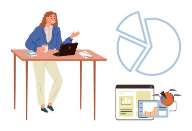 Masada dizüstü bilgisayarla, kahveyle ve raporlarla analitiği tartışan bir kadın. Görseller pasta grafikleri ve grafikleri içeriyor. Üretkenlik, iş stratejisi, takım çalışması, veri analizi ve planlama için ideal