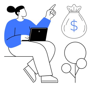 Dizüstü bilgisayarı olan ve yanında para çantası ve minimalist ağaç tasarımlarıyla yukarıya bakan bir kadın. Finans, büyüme, yatırım, iş, planlama, tasarruf, girişimcilik için idealdir. Basit düz