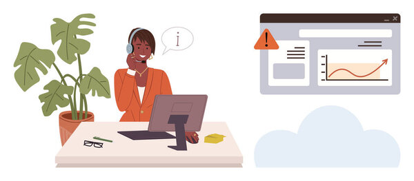 Support agent wearing a headset, working at a desk with a plant, analyzing a warning on a screen. Ideal for customer service, IT support, troubleshooting, teamwork, business operations