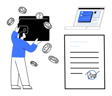 Cüzdanı bozuk paralarla tutan adam, imzalı belge ve bilgisayar ekranı. Finans, ödemeler, anlaşmalar, işlemler, e-imza, online bankacılık için ideal basit düz metafor