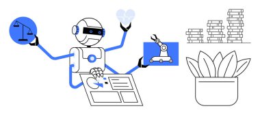 Pulları, kalbi, robot kolu tutan, verileri analiz eden robotlar. Birikmiş paralar ve bitkilerin büyümesi ve sağlığı. Yapay zeka, verimlilik, teknoloji otomasyonu karar verme dengesi için ideal