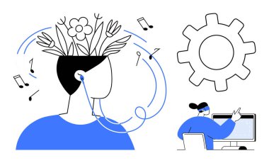 Müzik dinleyen kişi çiçekleri, notaları, ekipmanları ve bilgisayar kullanarak yaratıcılığı geliştiriyor. Yaratıcılık, üretkenlik, yenilik, odaklanma, kendini geliştirme kavramları için ideal