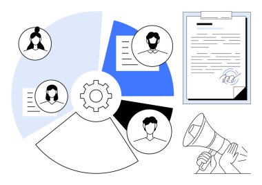 Takım çalışmasının altını çizen turta şeması, etrafındaki kişisel profiller, dökümanlı pano ve megafon. İşbirliği, proje yönetimi, organizasyon, iletişim için ideal