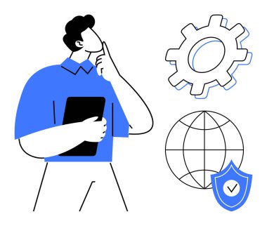 Elinde jest, küre, vites ve kalkan simgeleriyle tablet tutan bir adam. Problem çözme, küresel strateji, güvenlik, yenilik, karar verme mekanizması iş geliştirme temaları için idealdir. A