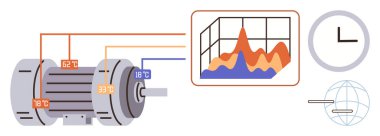 Sensörlere bağlı endüstriyel motor zaman indeksli veri grafiği, saat ve dünya ikonu ile birlikte sıcaklık okumaları gösteriyor. Mühendislik, otomasyon, analiz, IOT, teknoloji için ideal