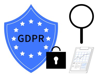 GDPR etiketli mavi kalkan, siyah asma kilit ve büyüteç, üzerinde analitik çizelge olan pano. Gizlilik politikası, veri güvenliği, uyum, düzenleme, şeffaflık, koruma analizi için ideal