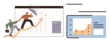 Şemsiye ve evrak çantasıyla yukarı doğru tırmanan iki profesyonel haritalarda geziniyor. Ticari büyüme, başarı, takım çalışması, liderlik, finans, planlama, strateji için ideal basit