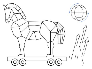 Tekerlek üzerindeki soyut geometrik Truva atı, bağlantıyı sembolize eden oklu küre ve yukarı bakan oklar. Siber güvenlik, hackleme, aldatma, strateji, küresel etki, tehlike dijital