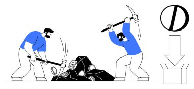 Kazma ve çekiçle taşları parçalayan iki işçi üretim için kaynak çıkarıyorlar. Takım çalışması, el emeği, kaynak çıkarımı, verimlilik, endüstriyel süreçler için ideal
