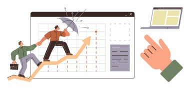 Takım engellerden korunmak için yukarı doğru tırmanırken dizüstü bilgisayar görüş alanında. Liderlik için ideal, takım çalışması, büyüme, başarı, problem çözme stratejisi yeniliği. Basit düz metafor