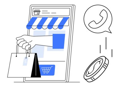 Mobil vitrinde tenteler, alışveriş torbaları, madeni para ve e-ticaret işlemlerini canlandıran simge var. Çevrimiçi perakende satış, alışveriş uygulamaları, dijital pazarlama, e-ödemeler, müşteri