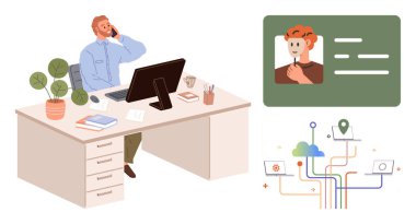 Masada bilgisayar başında oturan adam, kimlik doğrulama grafiği ve bulut teknolojisi diyagramı ile konuşuyor. İş için ideal, uzak çalışma, kimlik, iletişim, teknoloji, ağ verileri