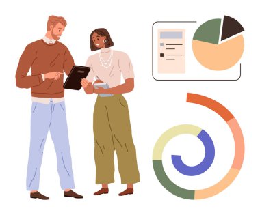 İki meslektaşım turta ve spiral grafikleri incelerken bir tableti inceliyor. Takım çalışması, işbirliği, veri analizi, ofis verimliliği, karar verme, beyin fırtınası, basit düz metafor