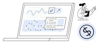 Bir doktor ve bir dolar ikonu eşliğinde grafikler, çizelgeler ve analiz araçlarıyla dizüstü bilgisayar ekranı. Finans, sağlık, eğitim, araştırma veri analiz teknolojisi yeniliği için idealdir. Düz