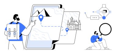 Gezgin, tableti haritayla, işaretlerle, büyüteçle, konsept simgeleriyle işaret ediyor. Seyahat, navigasyon, dijital keşif, teknoloji analizi, yenilik turizmi için ideal basit düz metafor